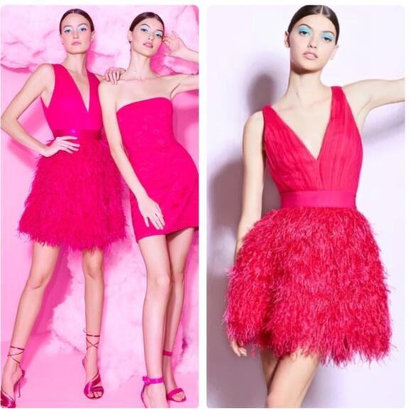 NWT $1000 ALICE + OLIVIA TEGAN Ostrich FEATHER PARTY DRESS WILD PINK Sz 12 Large - Picture 1 of 16